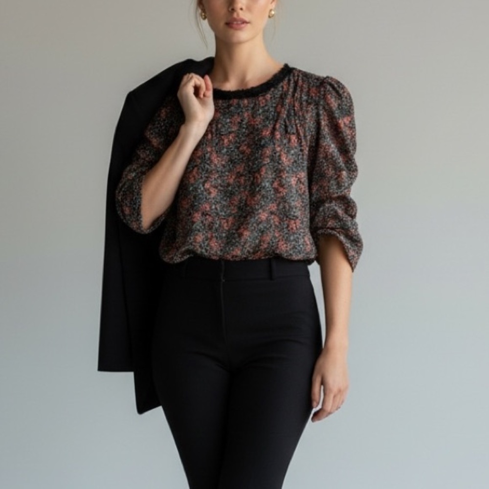 Avec Les Filles Ditsy Floral Puff Ruched Sleeve Boho Girly Blouse Large